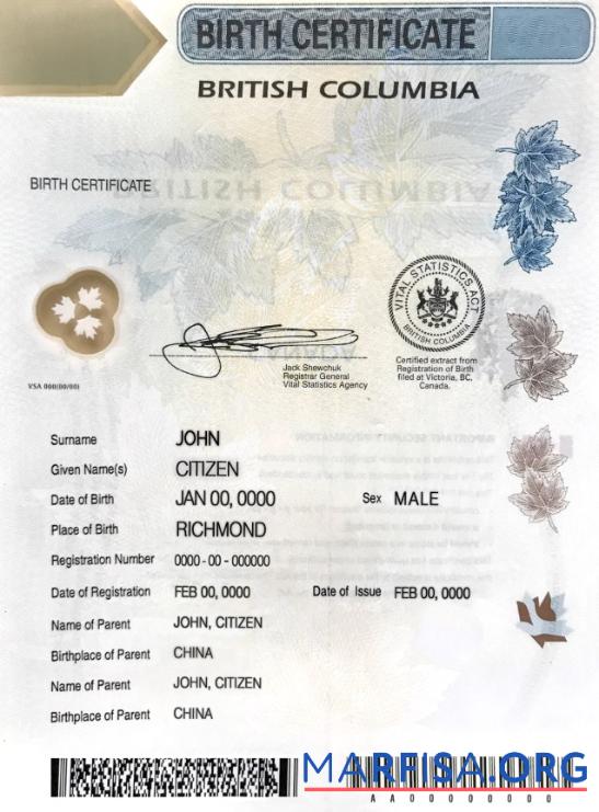 Downloadable Canada British Columbia Birth Certificate template in PSD